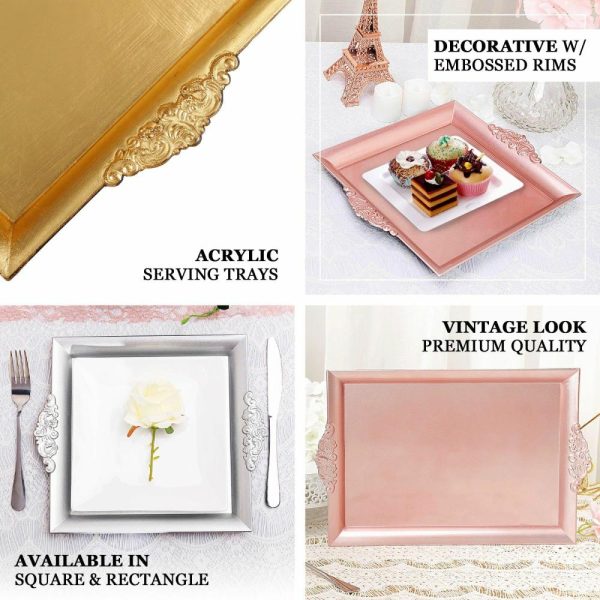 Serving Trays & Bowls |  2 Pack Gold Rectangle Decorative Acrylic Serving Trays With Embossed Rims – 14″x10″