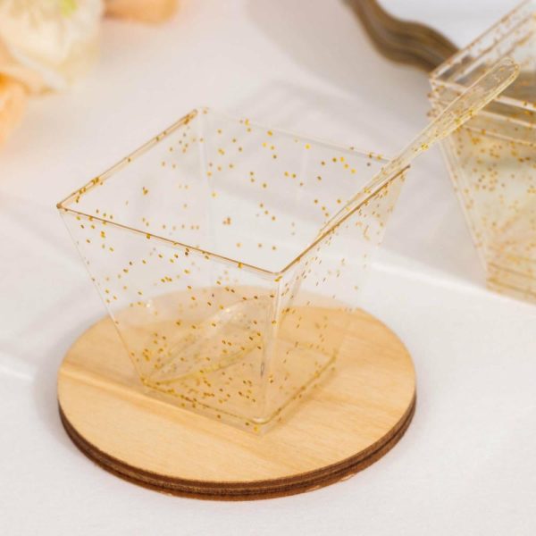 Serving Trays & Bowls |  24 Pack 2oz Gold Glittered Clear Disposable Square Snack Bowl and Spoon Set, Plastic Dessert Serving Cups