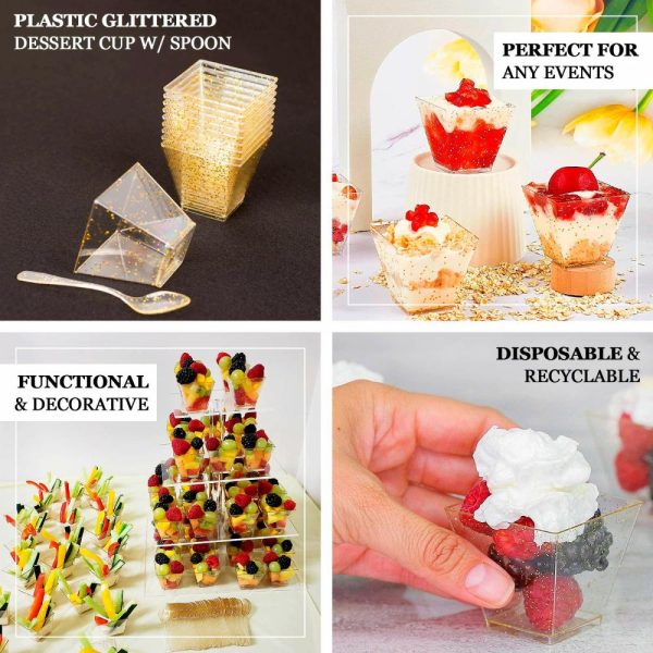 Serving Trays & Bowls |  24 Pack 2oz Gold Glittered Clear Disposable Square Snack Bowl and Spoon Set, Plastic Dessert Serving Cups