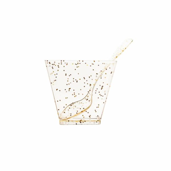 Serving Trays & Bowls |  24 Pack 2oz Gold Glittered Clear Disposable Square Snack Bowl and Spoon Set, Plastic Dessert Serving Cups