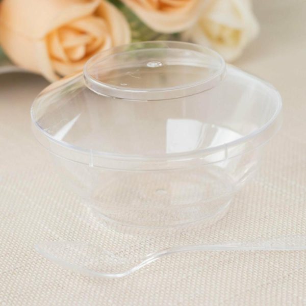 Serving Trays & Bowls |  24 Pack 3.5oz Clear Disposable Dessert Cup, Lid and Spoon Set, Mini Plastic Yogurt Breakfast Bowls