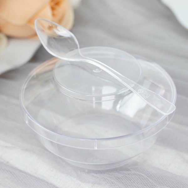 Serving Trays & Bowls |  24 Pack 3.5oz Clear Disposable Dessert Cup, Lid and Spoon Set, Mini Plastic Yogurt Breakfast Bowls