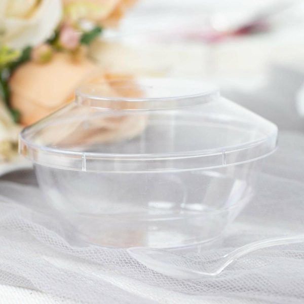 Serving Trays & Bowls |  24 Pack 3.5oz Clear Disposable Dessert Cup, Lid and Spoon Set, Mini Plastic Yogurt Breakfast Bowls