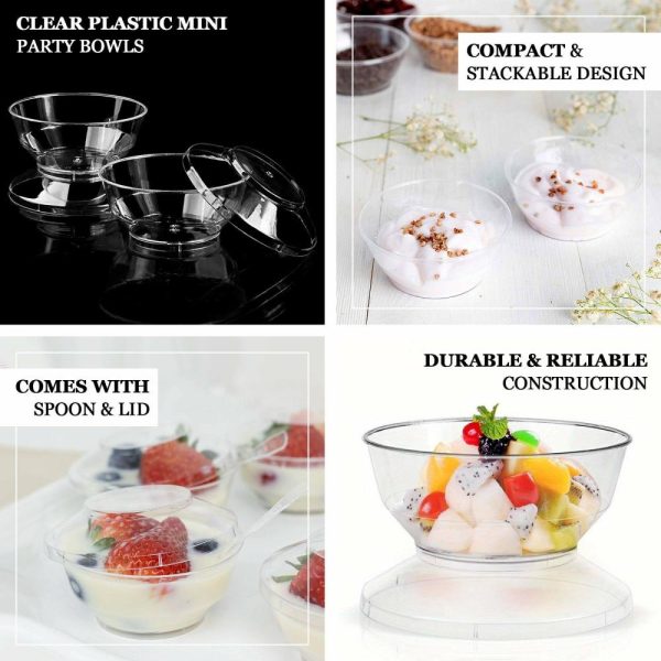 Serving Trays & Bowls |  24 Pack 3.5oz Clear Disposable Dessert Cup, Lid and Spoon Set, Mini Plastic Yogurt Breakfast Bowls