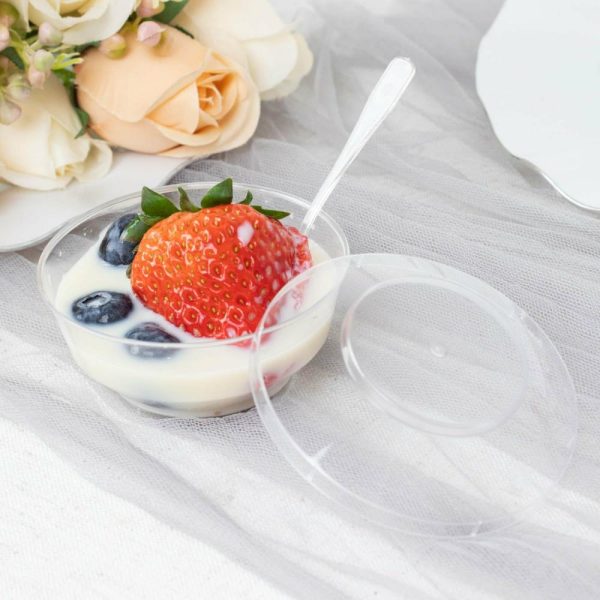 Serving Trays & Bowls |  24 Pack 3.5oz Clear Disposable Dessert Cup, Lid and Spoon Set, Mini Plastic Yogurt Breakfast Bowls