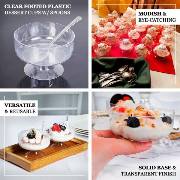 Serving Trays & Bowls |  24 Pack 6oz Crystal Clear Footed Disposable Dessert Cups With Spoons, Plastic Appetizer Parfait Cup With Tasting Spoon Set