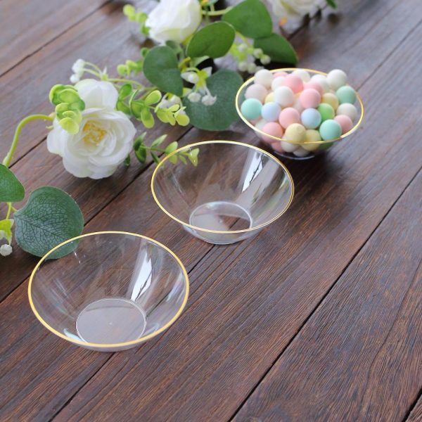 Serving Trays & Bowls |  24 Pack Clear Premium Plastic Ice Cream Bowls with Gold Rim, 7oz Heavy Duty Disposable Dessert Party Bowls