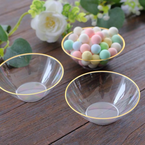 Serving Trays & Bowls |  24 Pack Clear Premium Plastic Ice Cream Bowls with Gold Rim, 7oz Heavy Duty Disposable Dessert Party Bowls