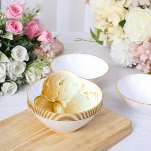 Serving Trays & Bowls |  24 Pack Glossy White Premium Plastic Ice Cream Bowls with Gold Rim, 7oz Heavy Duty Disposable Dessert Party Bowls