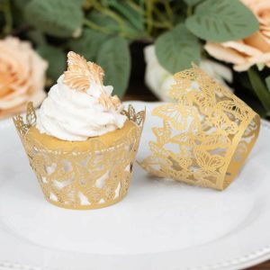 Serving Trays & Bowls |  25 Pack Gold Butterfly Lace Pattern Paper Cupcake Wrappers, 3″ Round Muffin Liner Cups