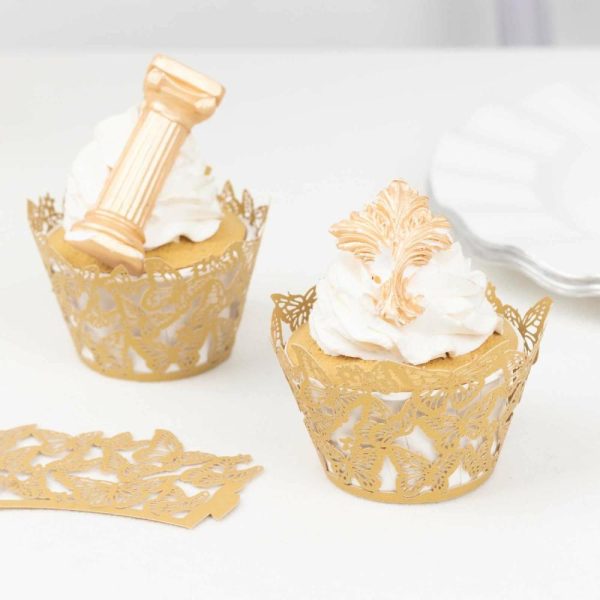 Serving Trays & Bowls |  25 Pack Gold Butterfly Lace Pattern Paper Cupcake Wrappers, 3″ Round Muffin Liner Cups