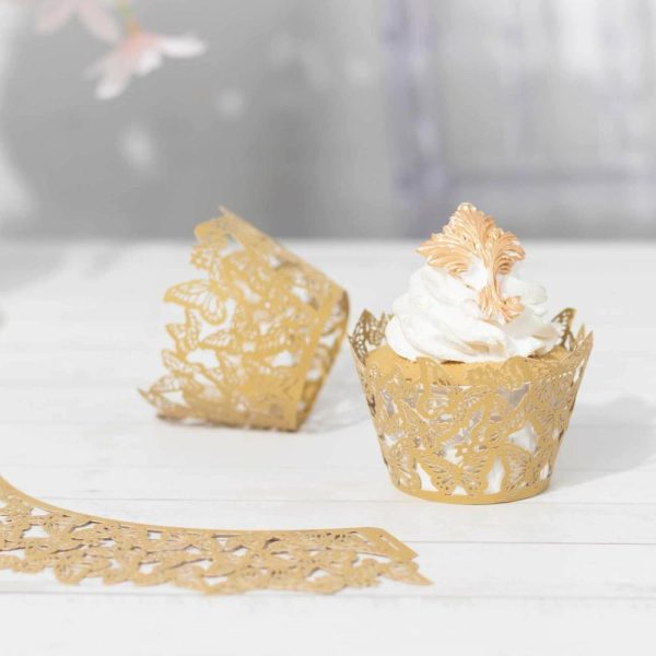 Serving Trays & Bowls |  25 Pack Gold Butterfly Lace Pattern Paper Cupcake Wrappers, 3″ Round Muffin Liner Cups