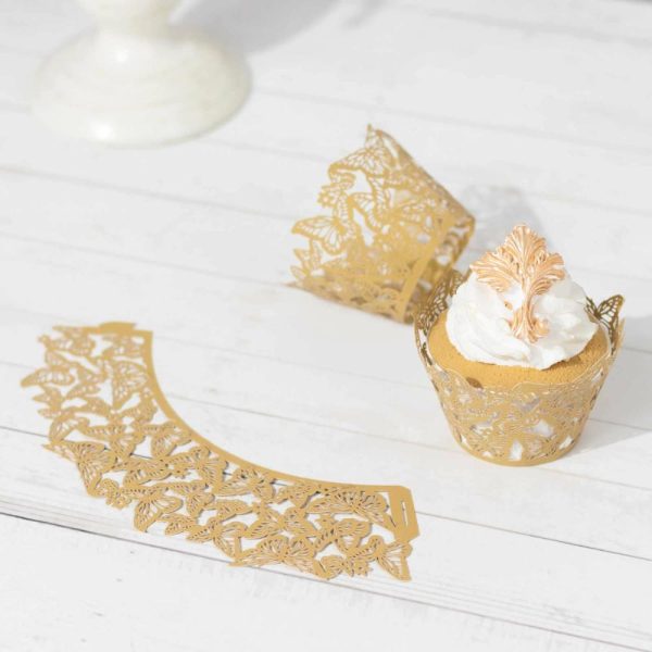 Serving Trays & Bowls |  25 Pack Gold Butterfly Lace Pattern Paper Cupcake Wrappers, 3″ Round Muffin Liner Cups