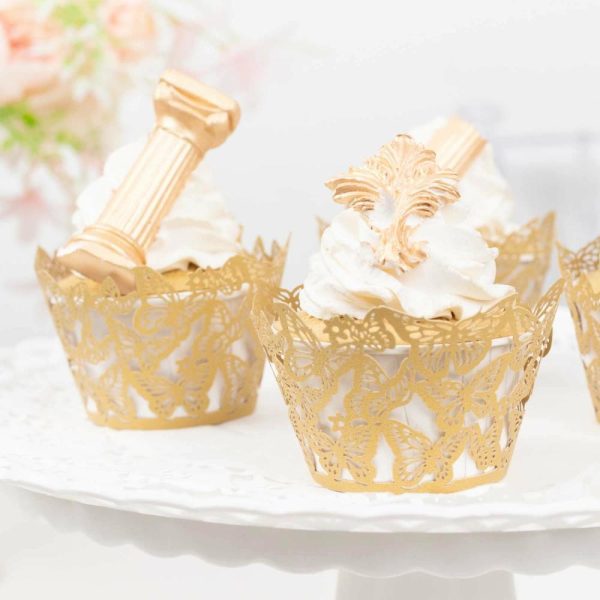 Serving Trays & Bowls |  25 Pack Gold Butterfly Lace Pattern Paper Cupcake Wrappers, 3″ Round Muffin Liner Cups