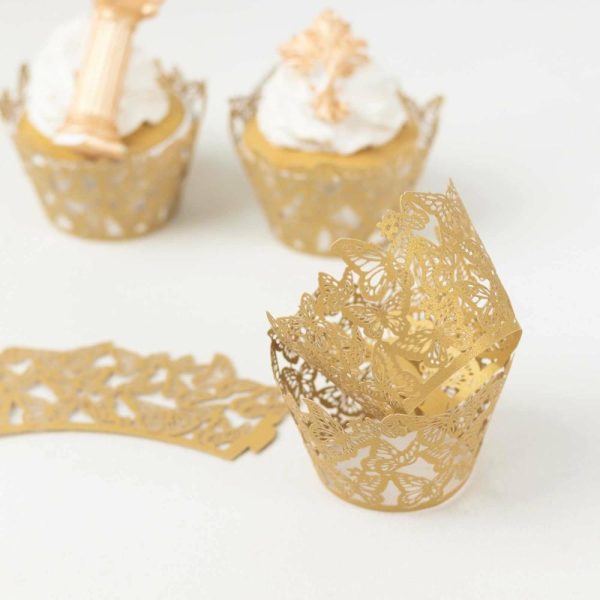 Serving Trays & Bowls |  25 Pack Gold Butterfly Lace Pattern Paper Cupcake Wrappers, 3″ Round Muffin Liner Cups