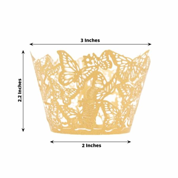 Serving Trays & Bowls |  25 Pack Gold Butterfly Lace Pattern Paper Cupcake Wrappers, 3″ Round Muffin Liner Cups