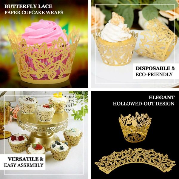 Serving Trays & Bowls |  25 Pack Gold Butterfly Lace Pattern Paper Cupcake Wrappers, 3″ Round Muffin Liner Cups