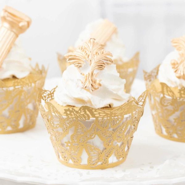 Serving Trays & Bowls |  25 Pack Gold Butterfly Lace Pattern Paper Cupcake Wrappers, 3″ Round Muffin Liner Cups