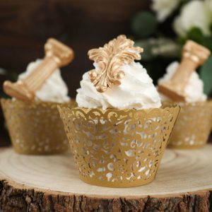 Serving Trays & Bowls |  25 Pack Gold Lace Laser Cut Paper Cupcake Wrappers, Muffin Baking Cup Trays