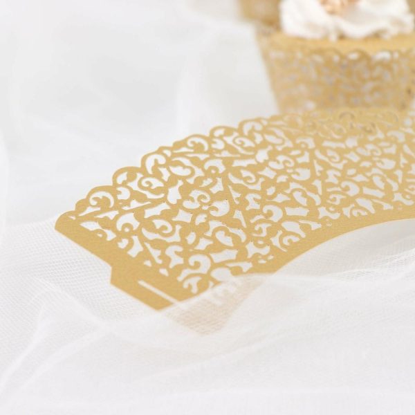 Serving Trays & Bowls |  25 Pack Gold Lace Laser Cut Paper Cupcake Wrappers, Muffin Baking Cup Trays