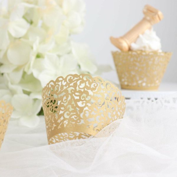 Serving Trays & Bowls |  25 Pack Gold Lace Laser Cut Paper Cupcake Wrappers, Muffin Baking Cup Trays