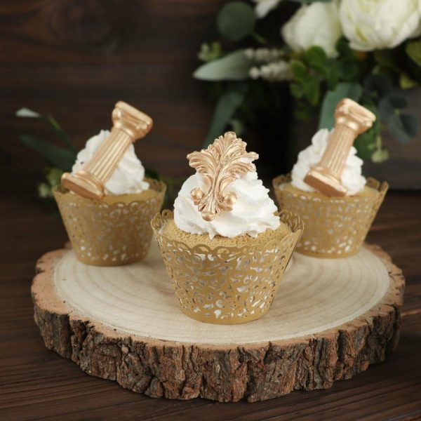 Serving Trays & Bowls |  25 Pack Gold Lace Laser Cut Paper Cupcake Wrappers, Muffin Baking Cup Trays