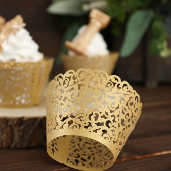 Serving Trays & Bowls |  25 Pack Gold Lace Laser Cut Paper Cupcake Wrappers, Muffin Baking Cup Trays