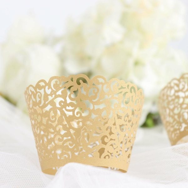 Serving Trays & Bowls |  25 Pack Gold Lace Laser Cut Paper Cupcake Wrappers, Muffin Baking Cup Trays