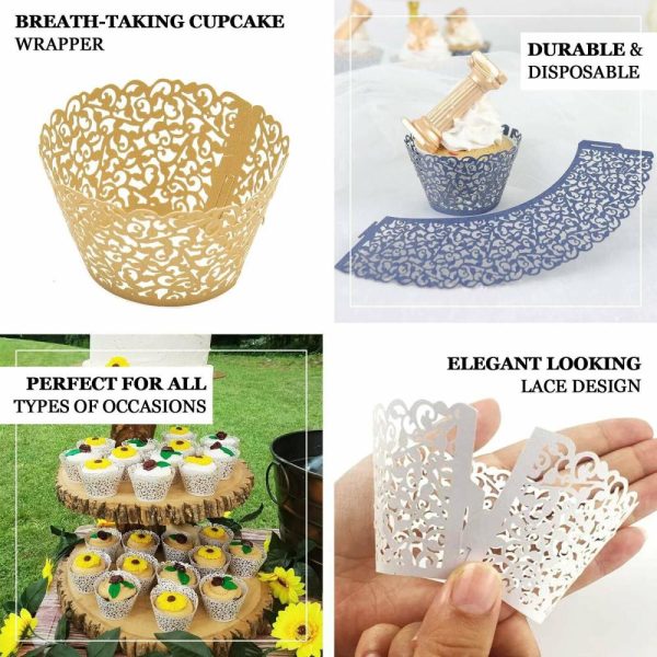 Serving Trays & Bowls |  25 Pack Gold Lace Laser Cut Paper Cupcake Wrappers, Muffin Baking Cup Trays