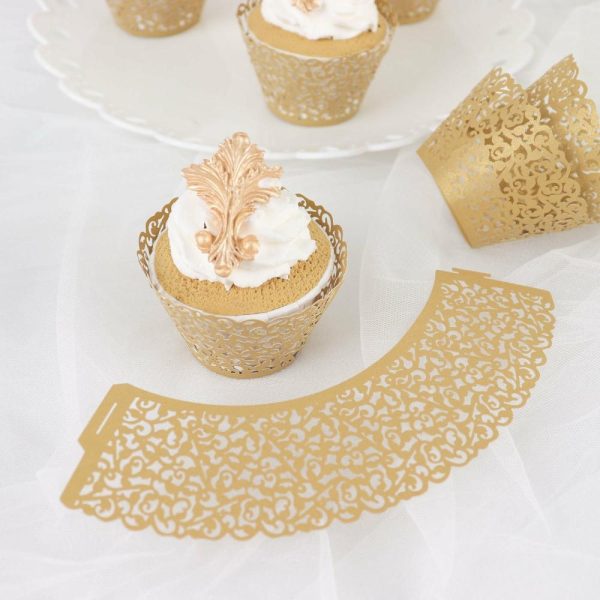 Serving Trays & Bowls |  25 Pack Gold Lace Laser Cut Paper Cupcake Wrappers, Muffin Baking Cup Trays