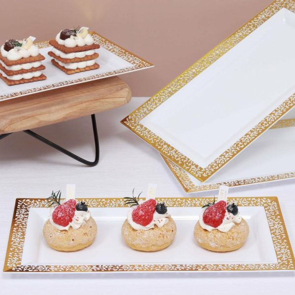 Serving Trays & Bowls |  4 Pack 14″ Gold and White Lace Print Rectangular Plastic Serving Trays, Decorative Coffee Table Trays