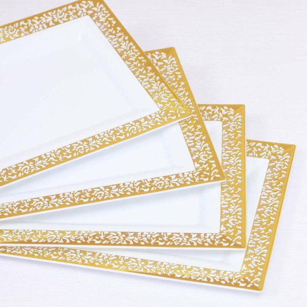 Serving Trays & Bowls |  4 Pack 14″ Gold and White Lace Print Rectangular Plastic Serving Trays, Decorative Coffee Table Trays