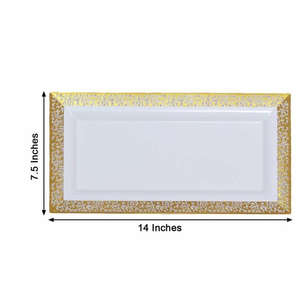 Serving Trays & Bowls |  4 Pack 14″ Gold and White Lace Print Rectangular Plastic Serving Trays, Decorative Coffee Table Trays