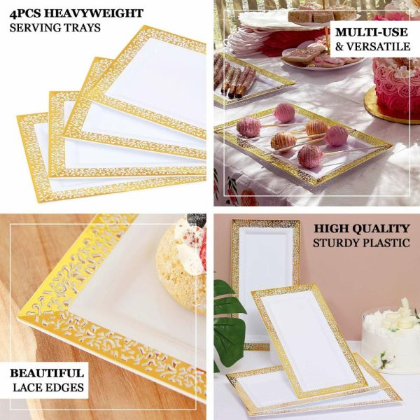 Serving Trays & Bowls |  4 Pack 14″ Gold and White Lace Print Rectangular Plastic Serving Trays, Decorative Coffee Table Trays