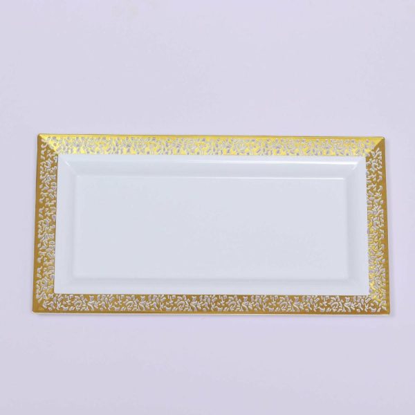 Serving Trays & Bowls |  4 Pack 14″ Gold and White Lace Print Rectangular Plastic Serving Trays, Decorative Coffee Table Trays