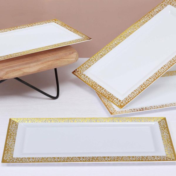 Serving Trays & Bowls |  4 Pack 14″ Gold and White Lace Print Rectangular Plastic Serving Trays, Decorative Coffee Table Trays