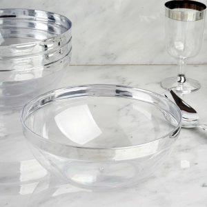 Serving Trays & Bowls |  4 Pack 32oz Clear Elegant Plastic Salad Bowls, Disposable Serving Dishes – Round with Silver Rim