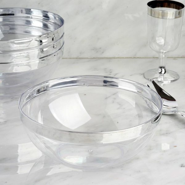 Serving Trays & Bowls |  4 Pack 32oz Clear Elegant Plastic Salad Bowls, Disposable Serving Dishes – Round with Silver Rim