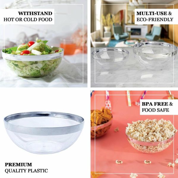 Serving Trays & Bowls |  4 Pack 32oz Clear Elegant Plastic Salad Bowls, Disposable Serving Dishes – Round with Silver Rim