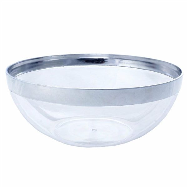 Serving Trays & Bowls |  4 Pack 32oz Clear Elegant Plastic Salad Bowls, Disposable Serving Dishes – Round with Silver Rim