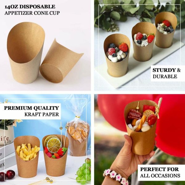 Serving Trays & Bowls |  50 Pack 14oz Natural Brown Paper Popcorn Box Appetizer Cups, Disposable Snack Cone Cups