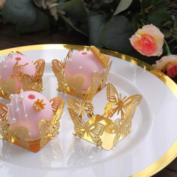 Serving Trays & Bowls |  50 Pack 4″ Mini Metallic Gold Butterfly Cupcake Wrappers, Square Truffle Cup Dessert Tray Liners – 225GSM