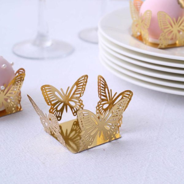 Serving Trays & Bowls |  50 Pack 4″ Mini Metallic Gold Butterfly Cupcake Wrappers, Square Truffle Cup Dessert Tray Liners – 225GSM