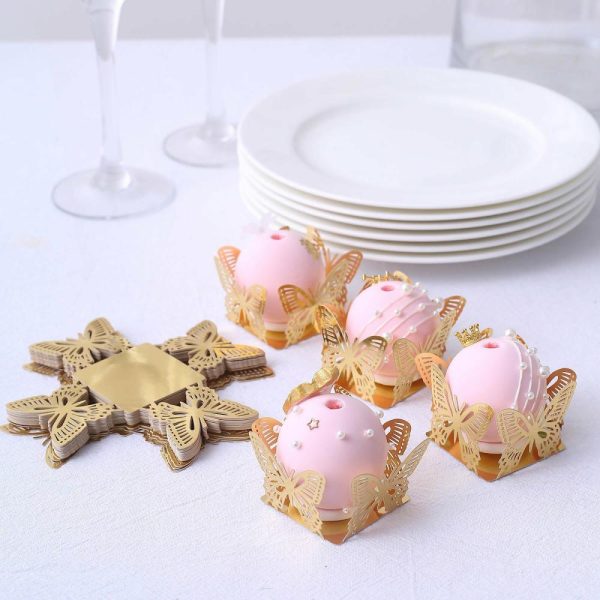 Serving Trays & Bowls |  50 Pack 4″ Mini Metallic Gold Butterfly Cupcake Wrappers, Square Truffle Cup Dessert Tray Liners – 225GSM