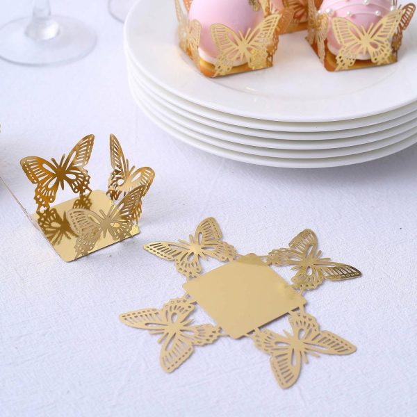 Serving Trays & Bowls |  50 Pack 4″ Mini Metallic Gold Butterfly Cupcake Wrappers, Square Truffle Cup Dessert Tray Liners – 225GSM