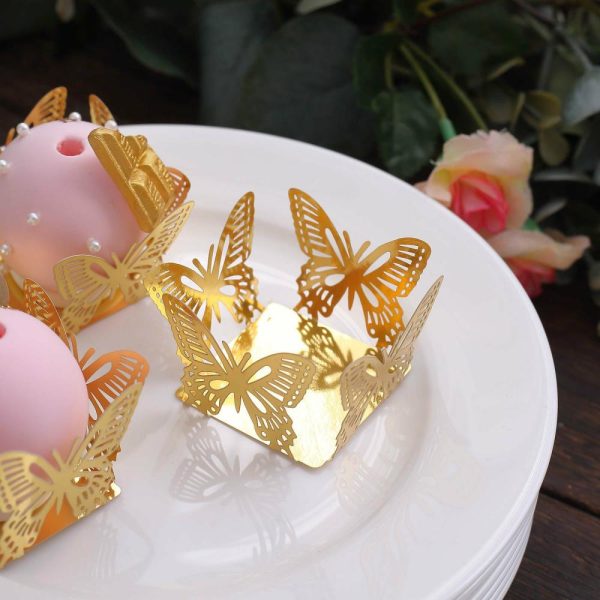 Serving Trays & Bowls |  50 Pack 4″ Mini Metallic Gold Butterfly Cupcake Wrappers, Square Truffle Cup Dessert Tray Liners – 225GSM