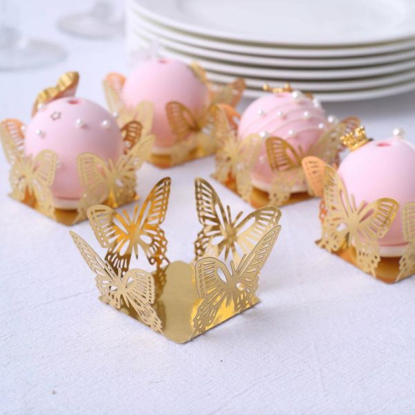 Serving Trays & Bowls |  50 Pack 4″ Mini Metallic Gold Butterfly Cupcake Wrappers, Square Truffle Cup Dessert Tray Liners – 225GSM