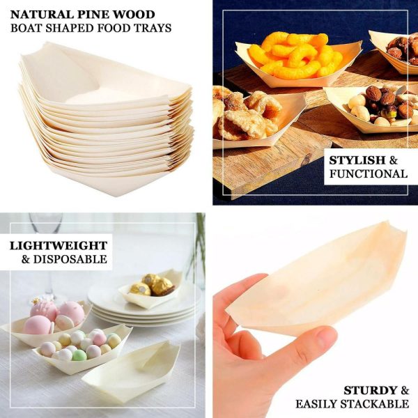 Serving Trays & Bowls |  50 Pack Natural Biodegradable Wooden Boat Shaped Food Plates, 6″ Compostable Pine Wood Sushi Snacks Serving Trays