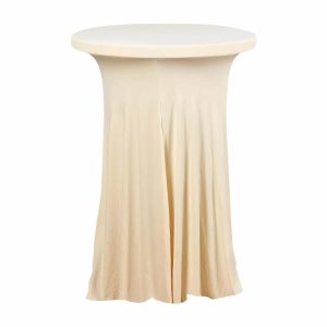 Spandex |  Beige Round Heavy Duty Spandex Cocktail Table Cover With Natural Wavy Drapes