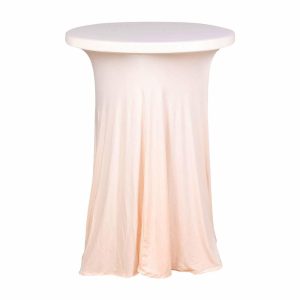 Spandex |  Blush Round Heavy Duty Spandex Cocktail Table Cover With Natural Wavy Drapes